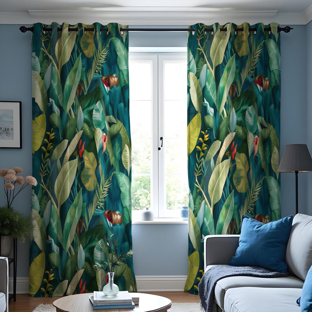 Green Palm Leaf Curtains, Tropical Jungle Botanical Drapes