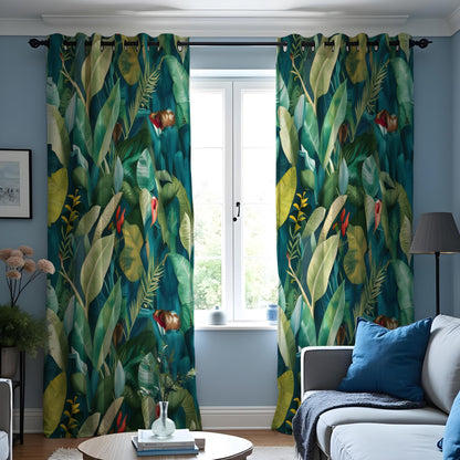 Green Palm Leaf Curtains, Tropical Jungle Botanical Drapes