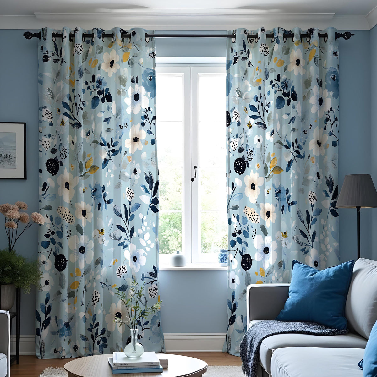 Light Blue Floral Curtains, Navy & White Botanical Drapes