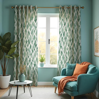 Green Multi Tone Abstract Curtains, Geometric Window Drapes