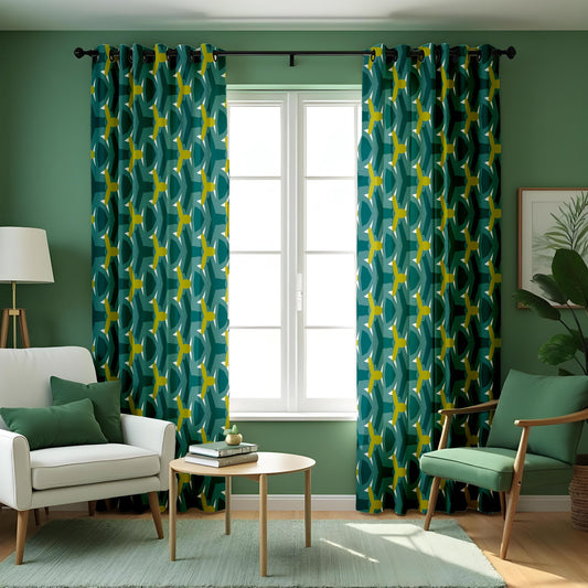 Teal Retro Geometric Curtains, Mid Century Modern Drapes