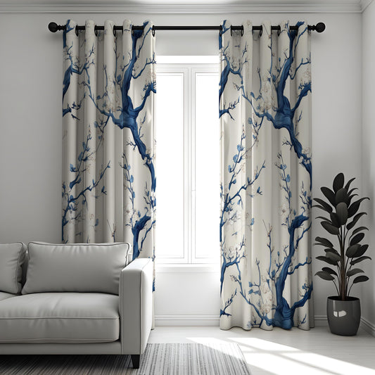 Blue Chinoiserie Tree Branch Curtains, Painted Floral Drapes
