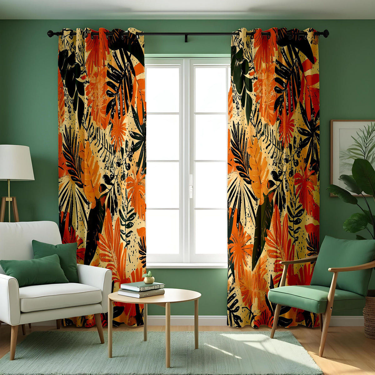 Orange Tropical Leaf Curtains, Jungle Foliage Window Drapes