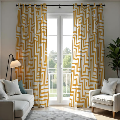 Mustard Yellow Maze Curtains, Abstract Geometric Drapes
