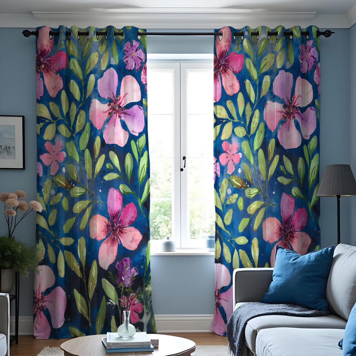 Navy Pink Watercolor Floral Curtains, Botanical Drapes