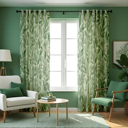 Green Botanical Leaf Curtains, Nature Inspired Custom Drapes