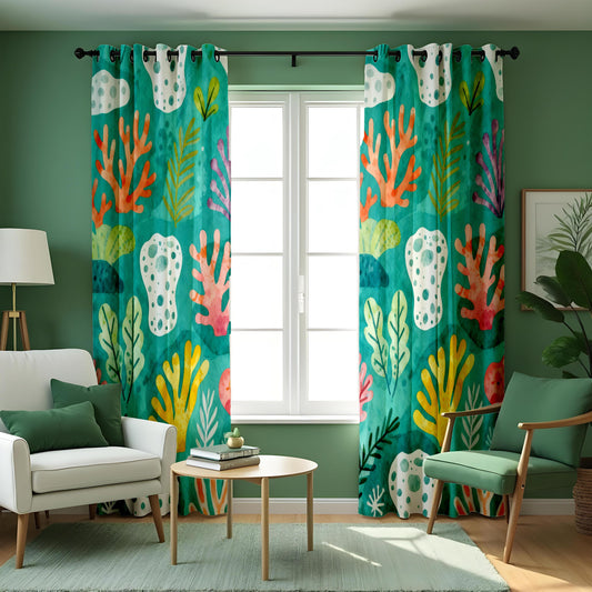 Turquoise Coral Reef Curtains, Ocean Print Kids Room Drapes