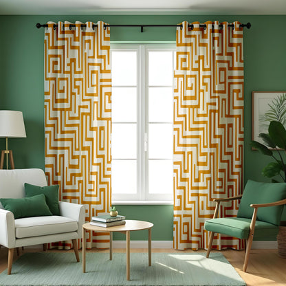 Mustard Yellow Maze Curtains, Abstract Geometric Drapes