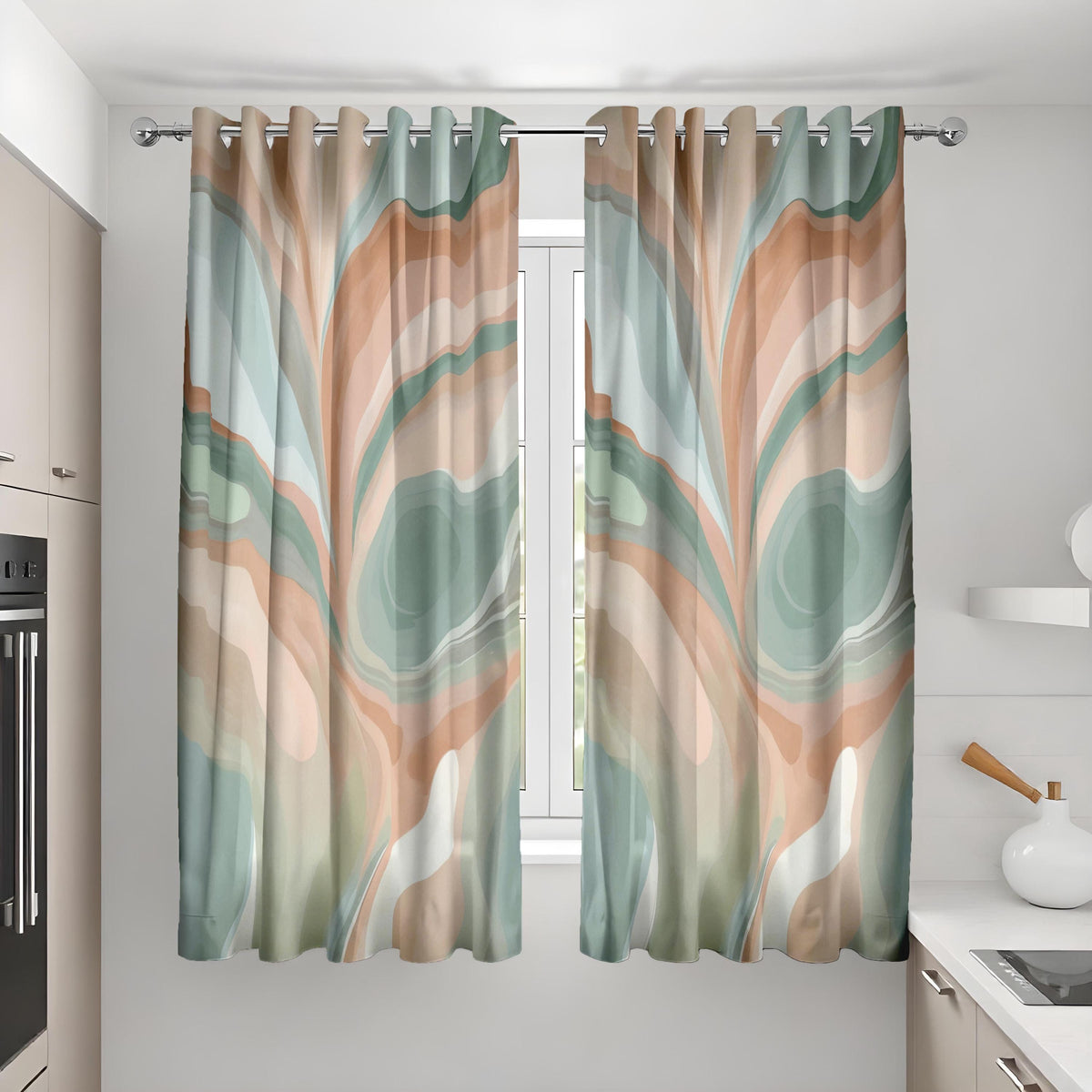 Earth Tone Retro Swirl Curtains, Marble Pattern Drapes