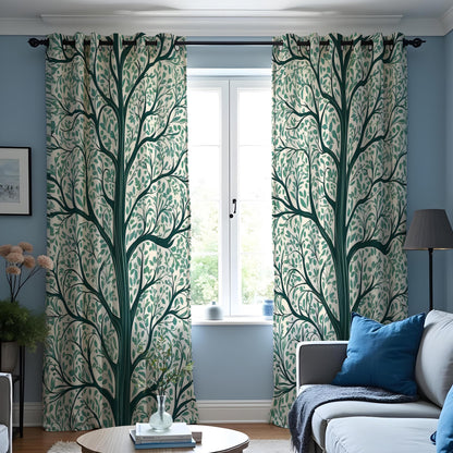Green Tree Silhouette Curtains, Branch & Leaf Botanical Drapes