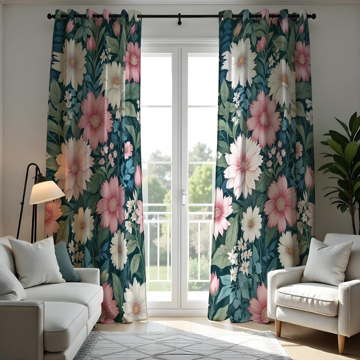 Pink Flower Curtains, Oversized Botanical Floral Drapes