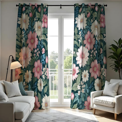 Pink Flower Curtains, Oversized Botanical Floral Drapes