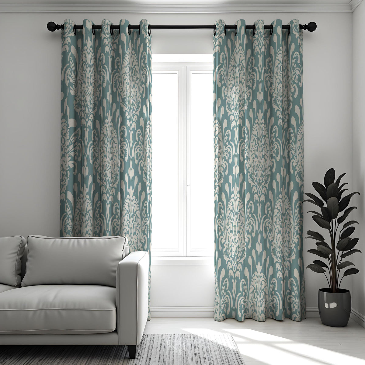 Teal Damask Curtains, Classic Pattern Custom Size Drapes