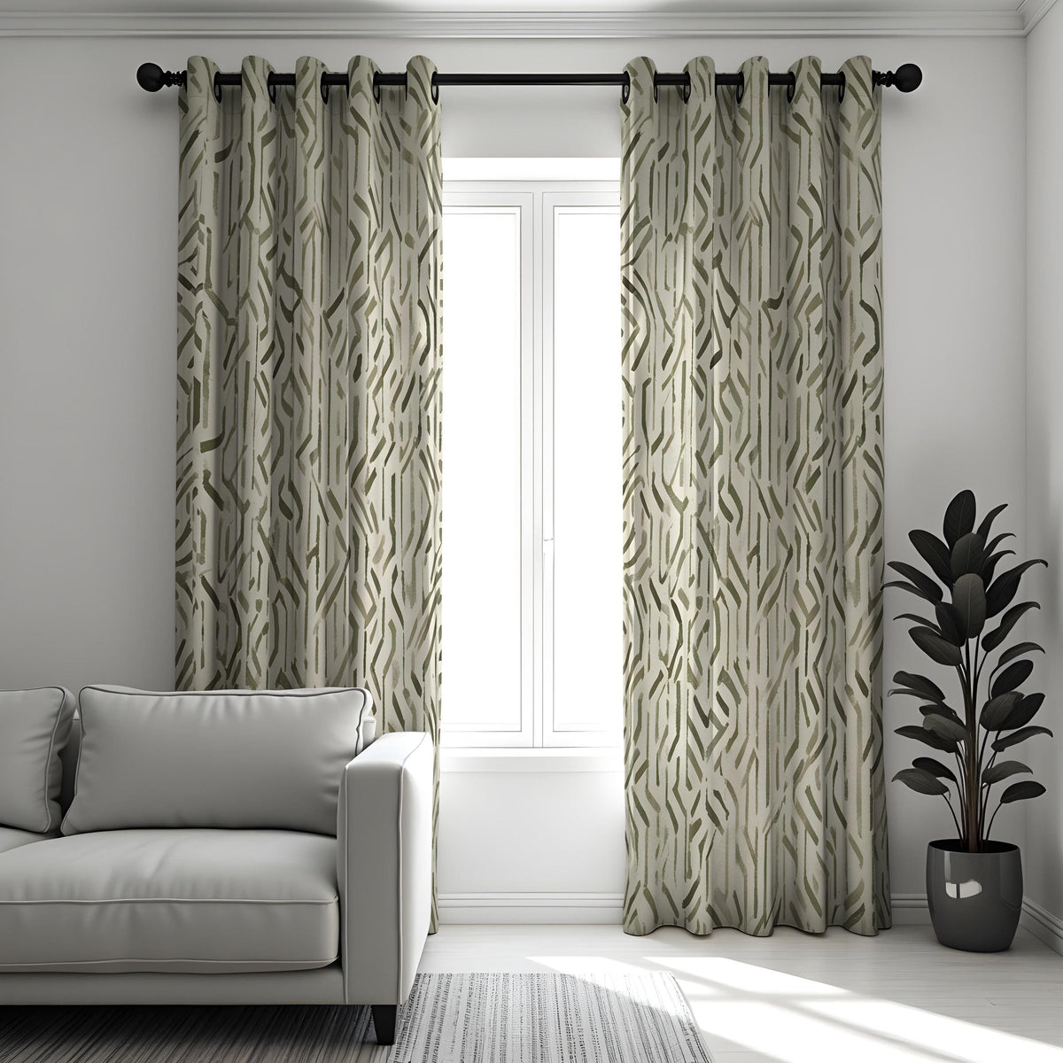 Beige & Green Geometric Curtains, Contemporary Drapes