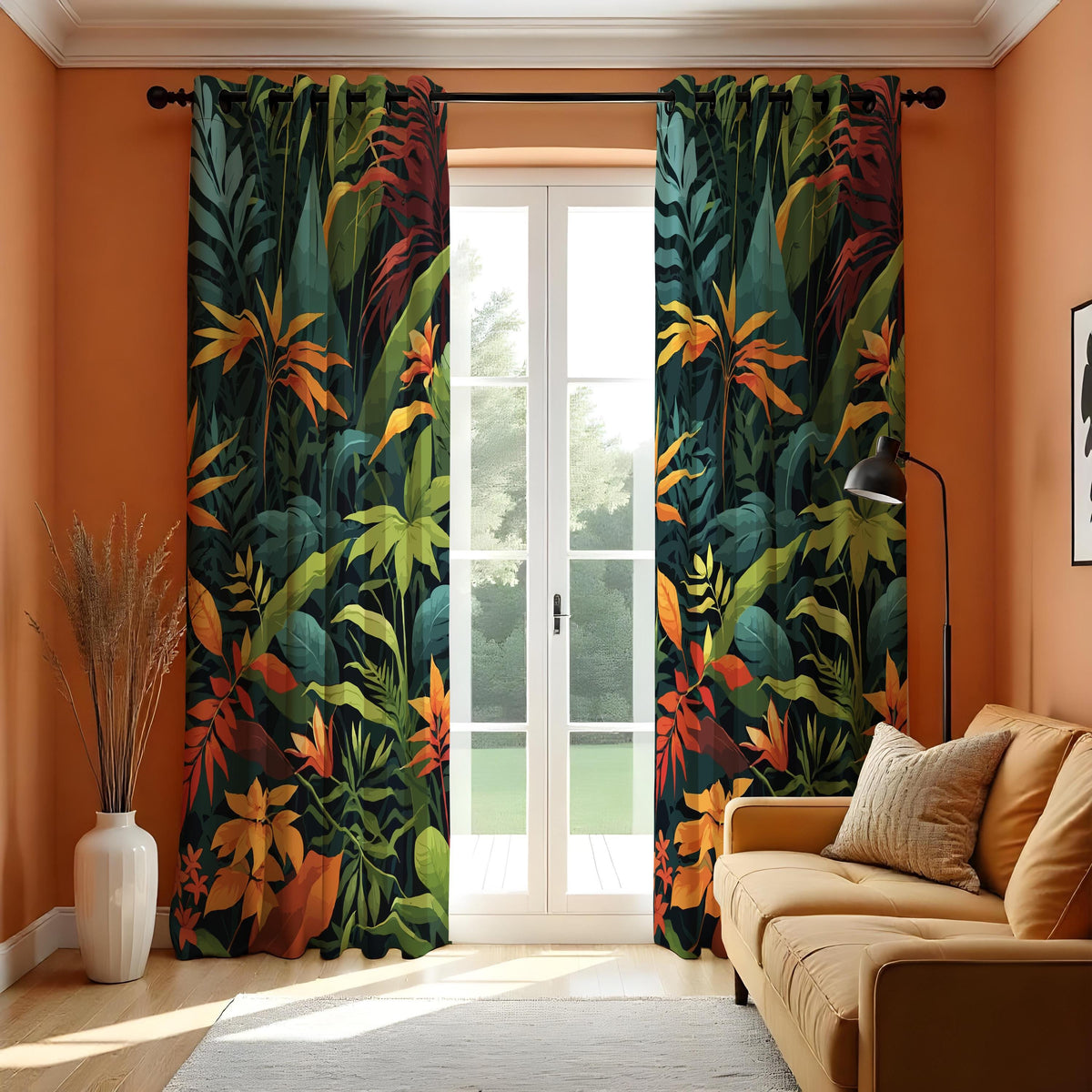 Deep Green & Orange Jungle Leaf Curtains, Tropical Drapes