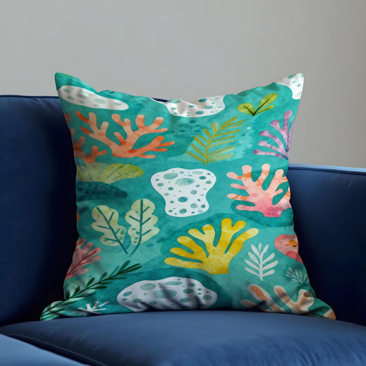 Teal Coastal Cushion Cover, Tropical Leaf Pillow Case
