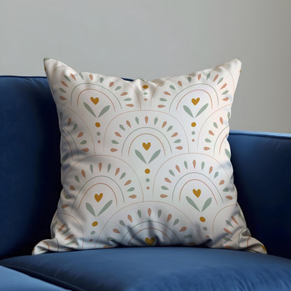 Boho Rainbow Cushion Cover, Arches with Heart & Leaf Motif Pillow Case