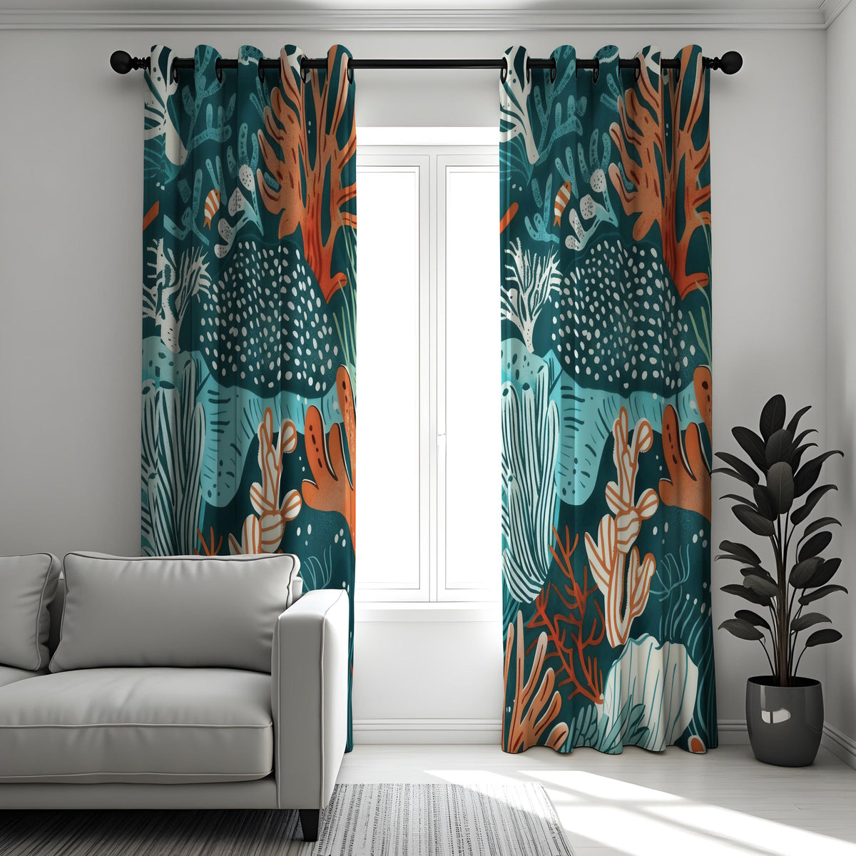 Teal Coral Reef Curtains, Ocean Fish & Sea Life Drapes