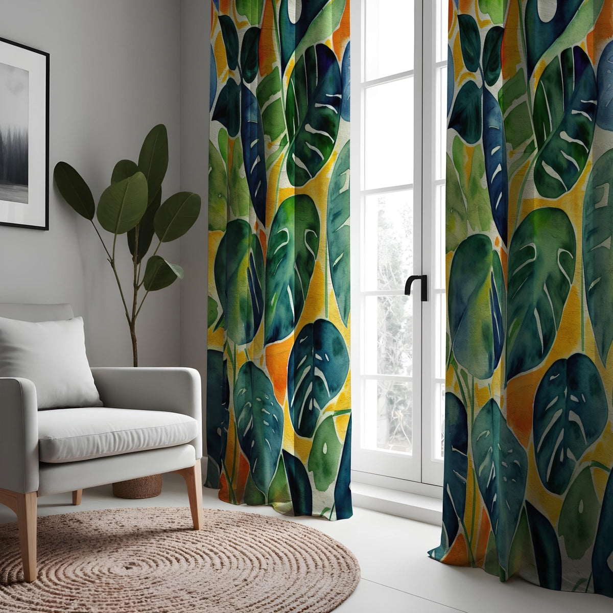 Green Monstera Leaf Curtains, Watercolor Tropical Drapes
