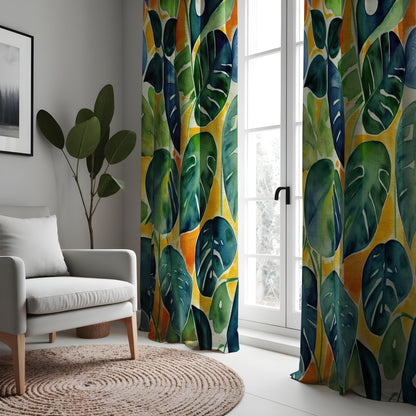Green Monstera Leaf Curtains, Watercolor Tropical Drapes