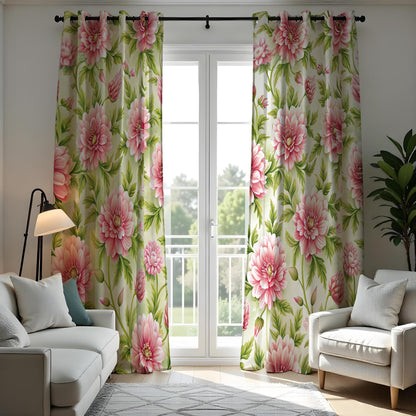Pink Flower Curtains, Green Botanical Made to Measure Drapes
