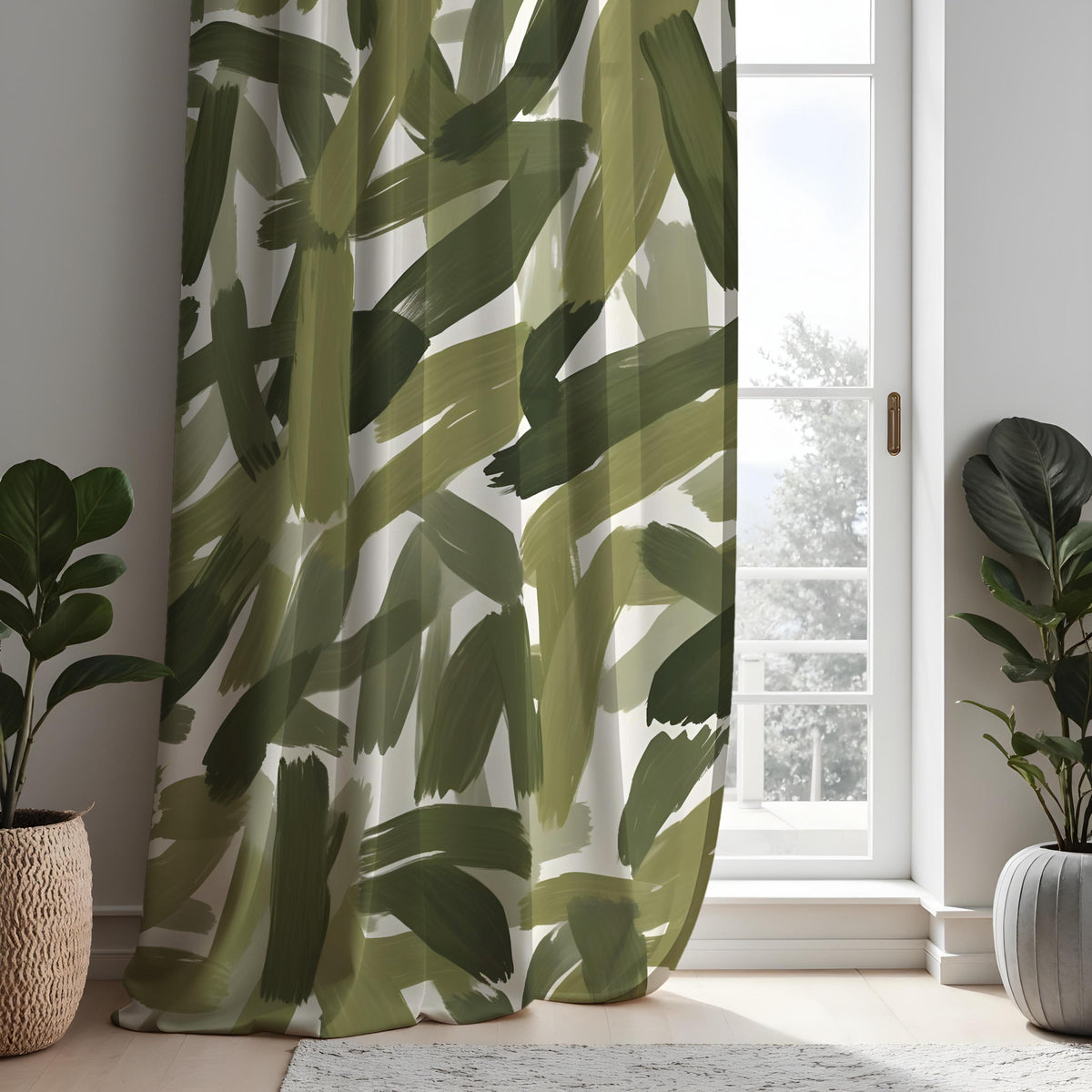 Green Abstract Brushstroke Curtains, Modern Artistic Drapes