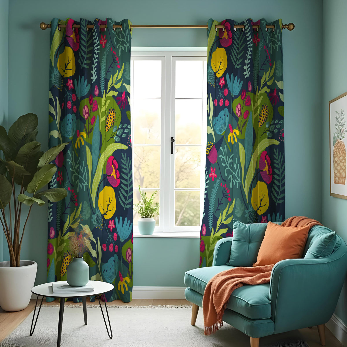 Teal Tropical Botanical Curtains, Jungle Leaf Floral Drapes