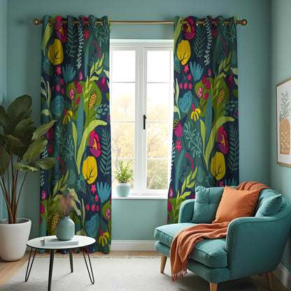 Teal Tropical Botanical Curtains, Jungle Leaf Floral Drapes