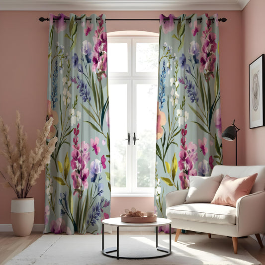 Purple & Pink Wildflower Curtains, Watercolor Botanical Drapes