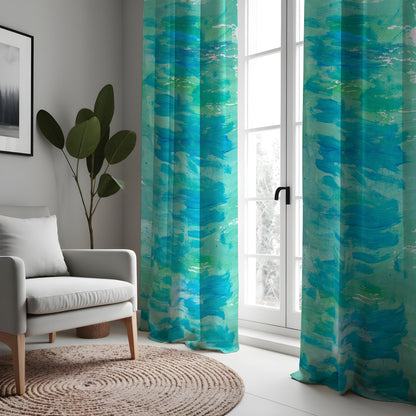 Aqua Blue Ocean Wave Curtains, Watercolor Coastal Drapes