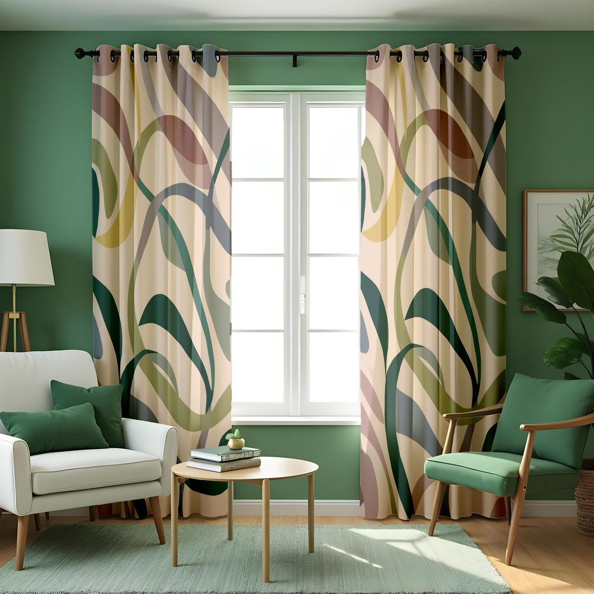 Earth Tone Abstract Leaf Curtains, Botanical Print Drapes