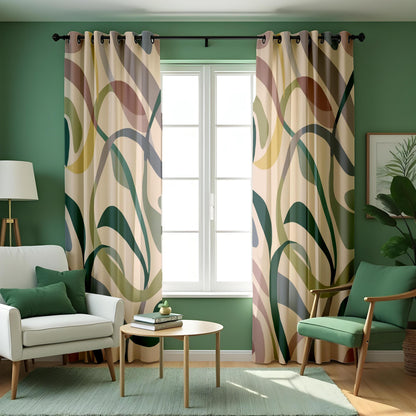 Earth Tone Abstract Leaf Curtains, Botanical Print Drapes