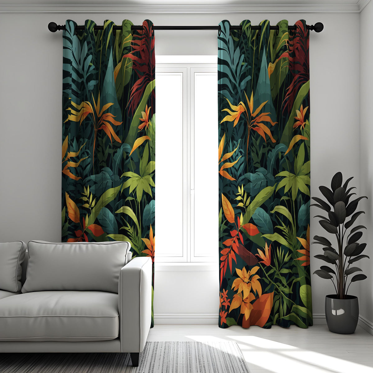 Deep Green & Orange Jungle Leaf Curtains, Tropical Drapes
