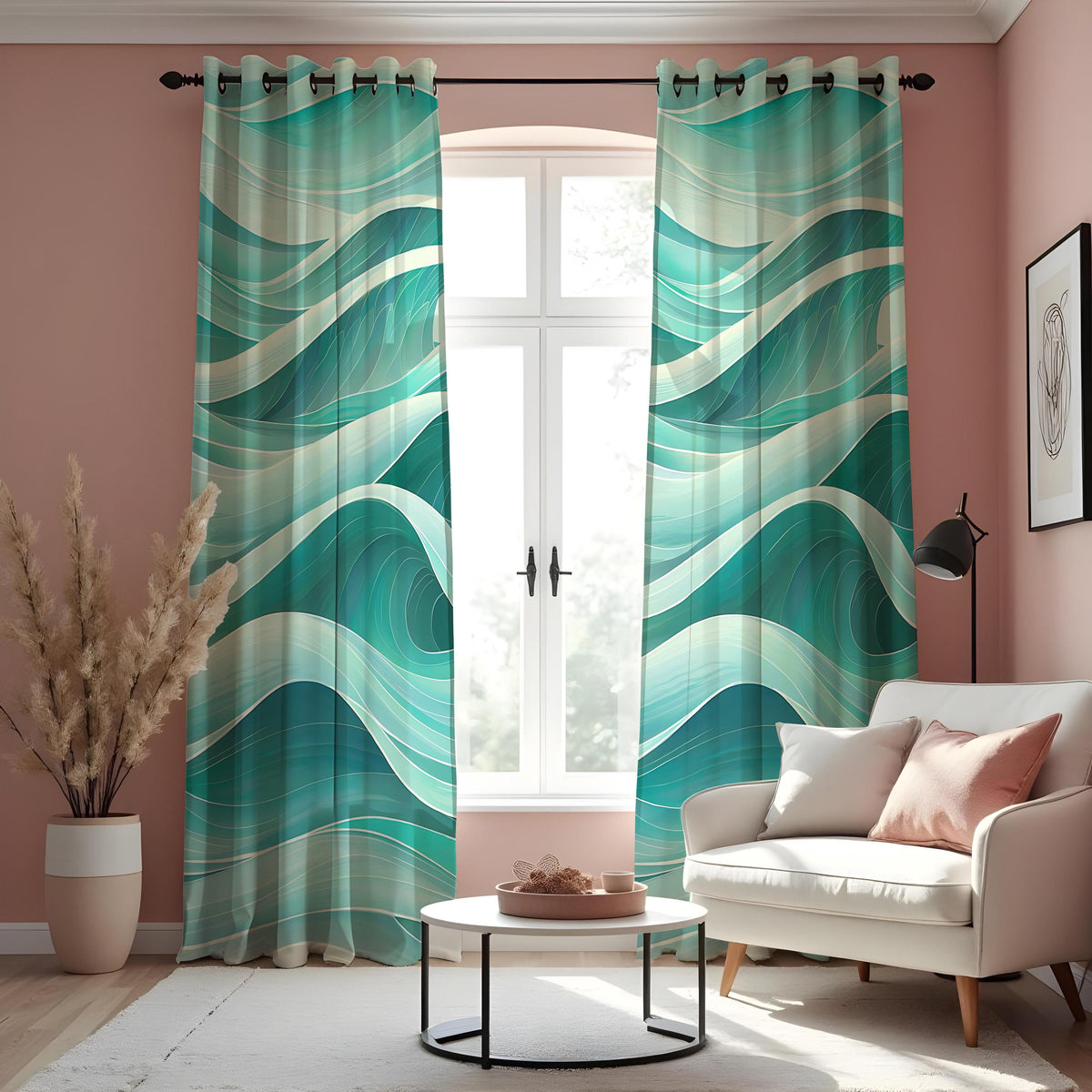 Teal Ocean Wave Curtains, Aqua Blue Coastal Abstract Drapes