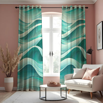 Teal Ocean Wave Curtains, Aqua Blue Coastal Abstract Drapes