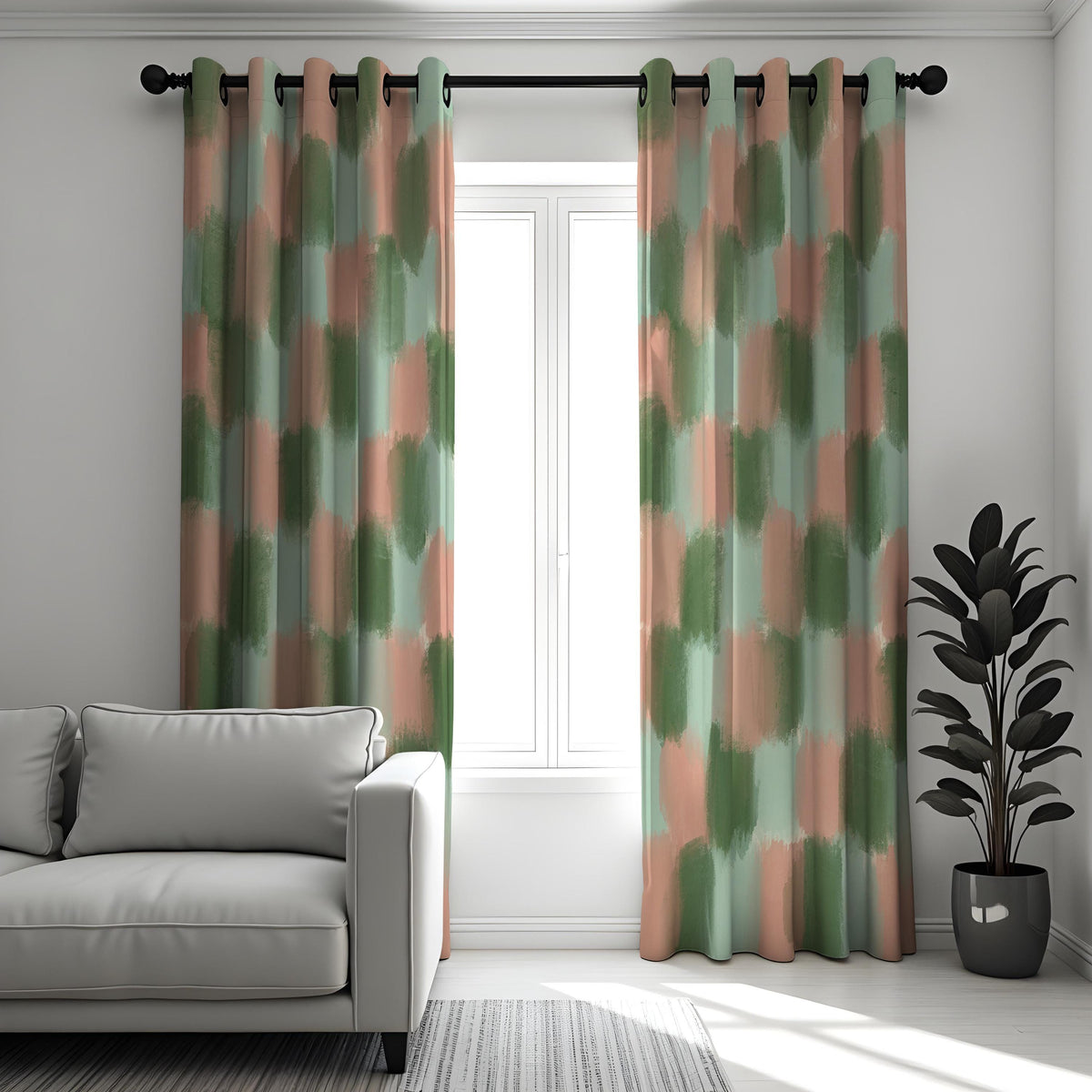 Green and Peach Brushstroke Curtains, Abstract Art Drapes