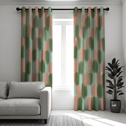 Green and Peach Brushstroke Curtains, Abstract Art Drapes