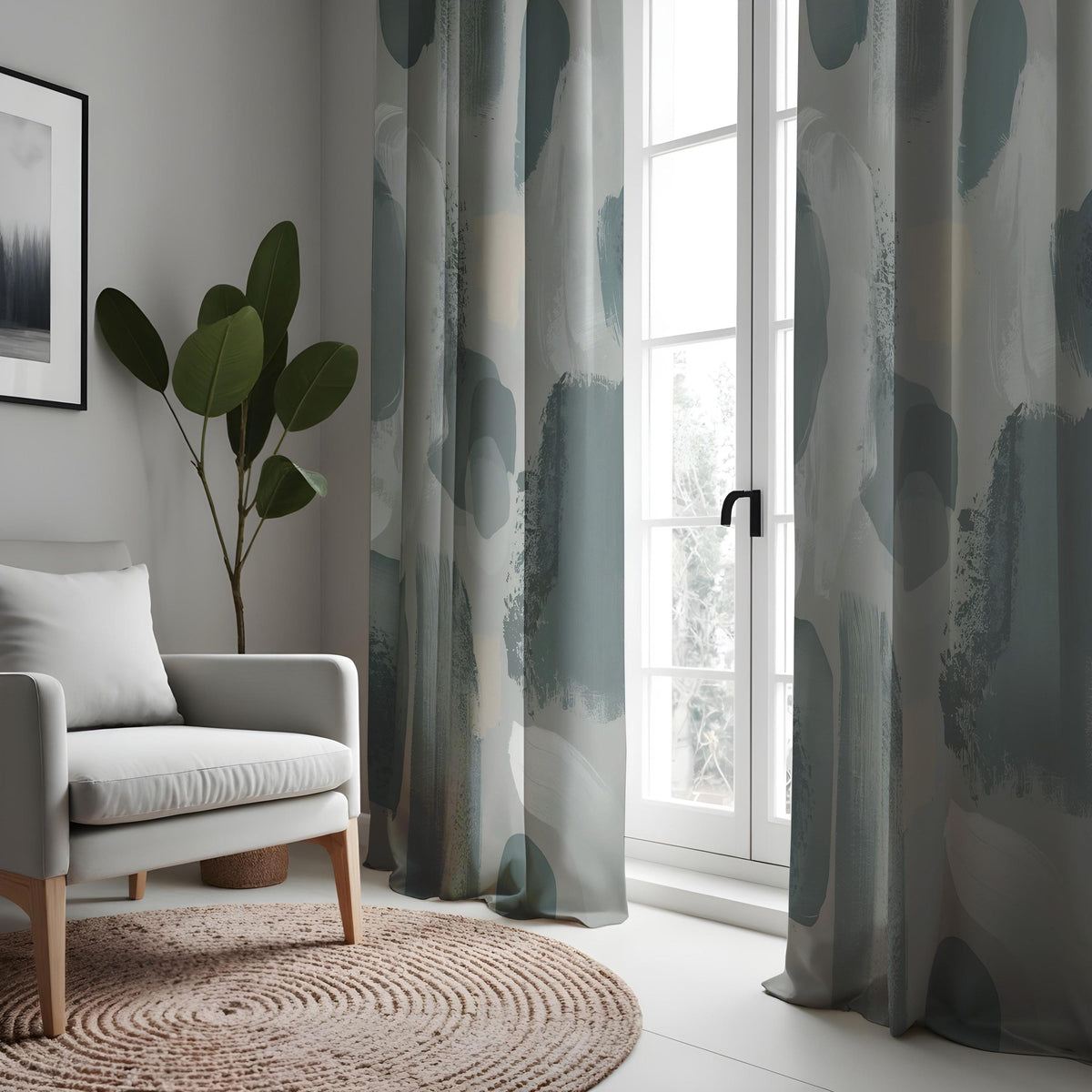 Grey Watercolor Curtains, Neutral Abstract Window Drapes