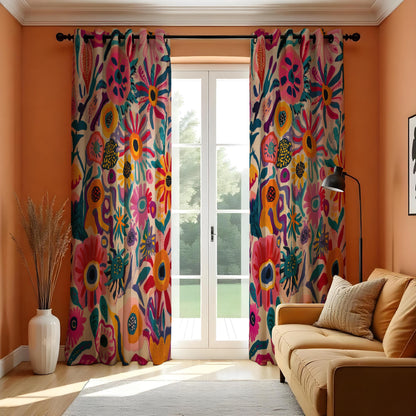 Vibrant Boho Floral Curtains, Folk Art Flower Drapes