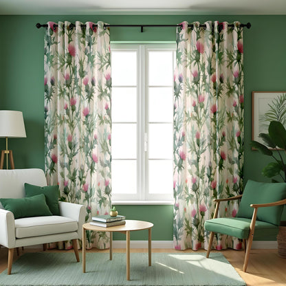 Green Botanical Curtains, Pink Flower Print Window Drapes