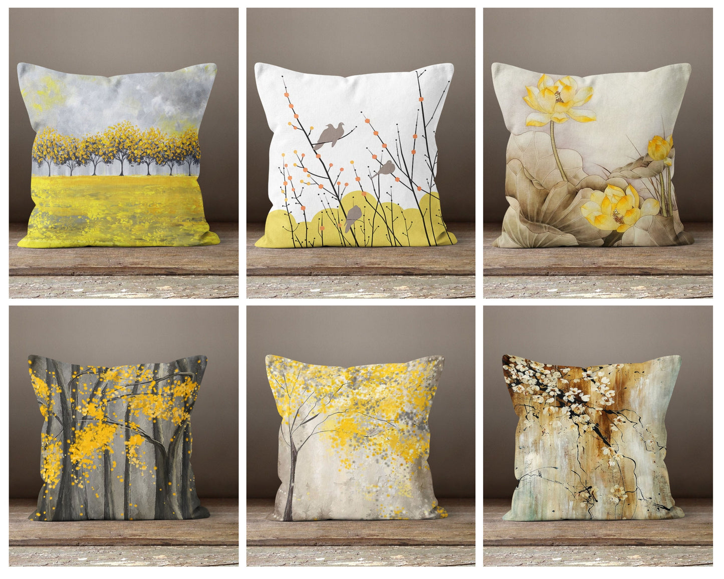 Mustard Grey Floral Landscape Cushion Cover
