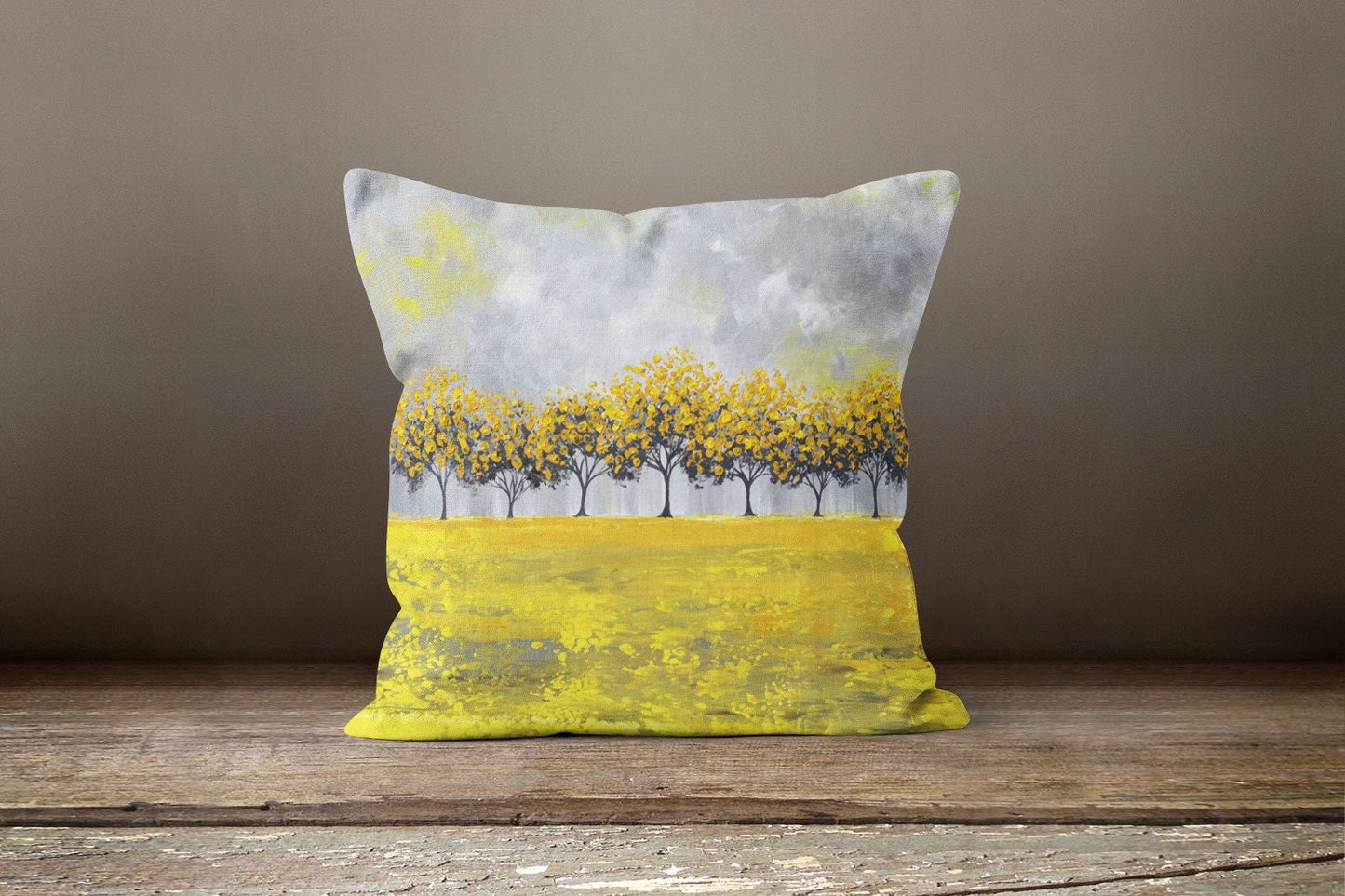 Mustard Grey Floral Landscape Cushion Cover
