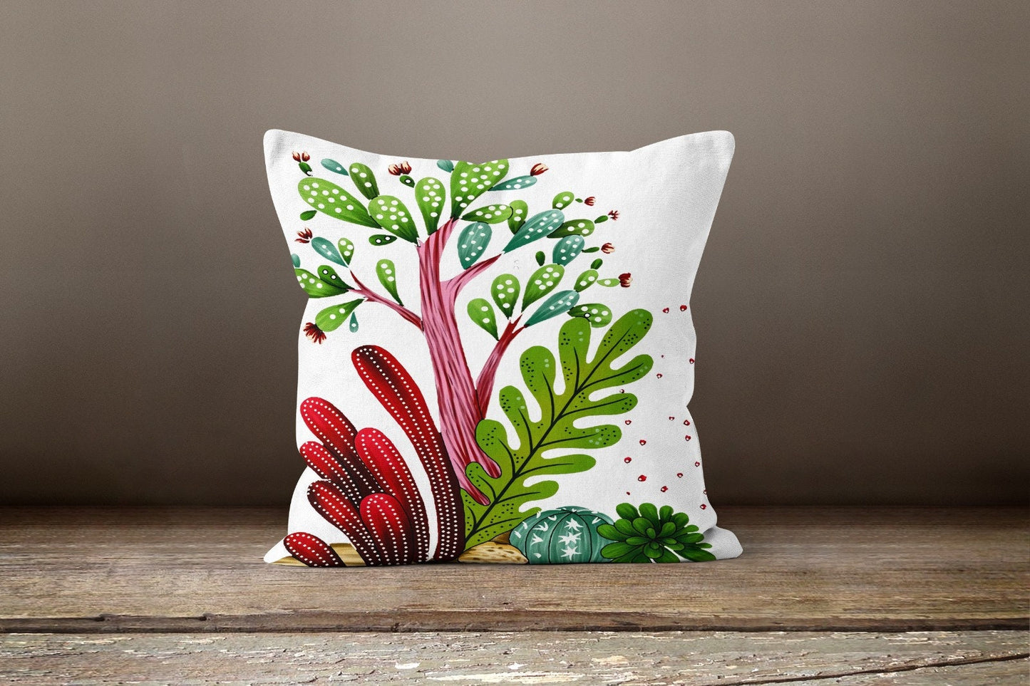 Cactus Cushion Cover Green and Pink Botanical Cushion Case