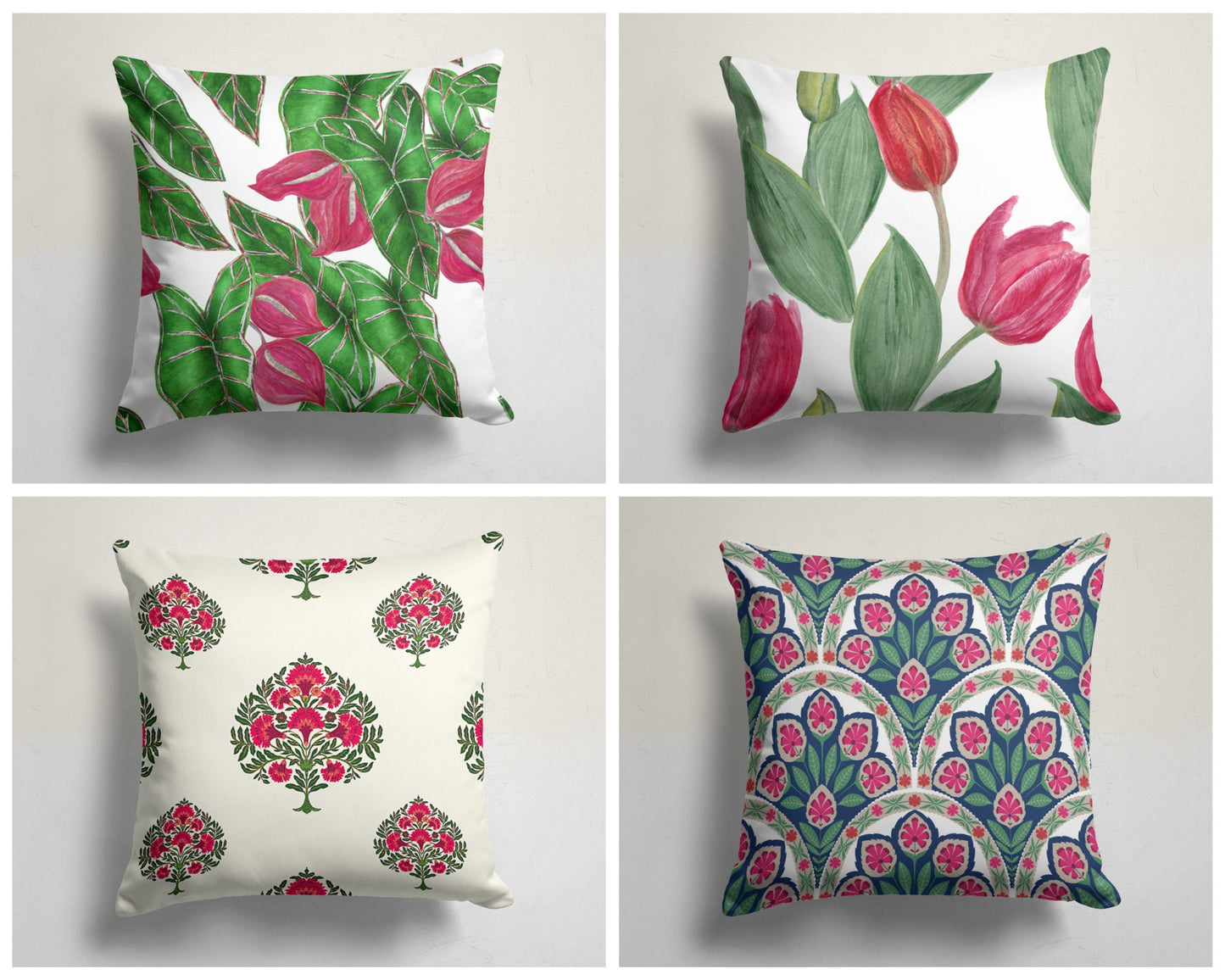 Pink Anthurium Leaves Cushion Cover, Red Tulips Floral Home Decor