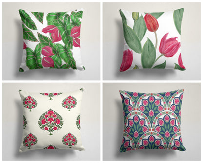 Pink Anthurium Leaves Cushion Cover, Red Tulips Floral Home Decor