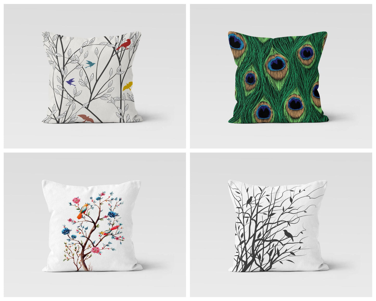 Minimalist Black Birds and Branches Cushion Cover, Elegant Art