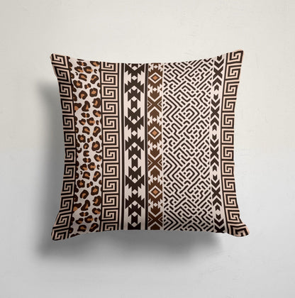 Tribal Leopard Print Cushion Cover, Neutral Brown Geometric Design