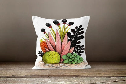 Succulent Green Pink Botanical Floral Cactus Cushion Cover