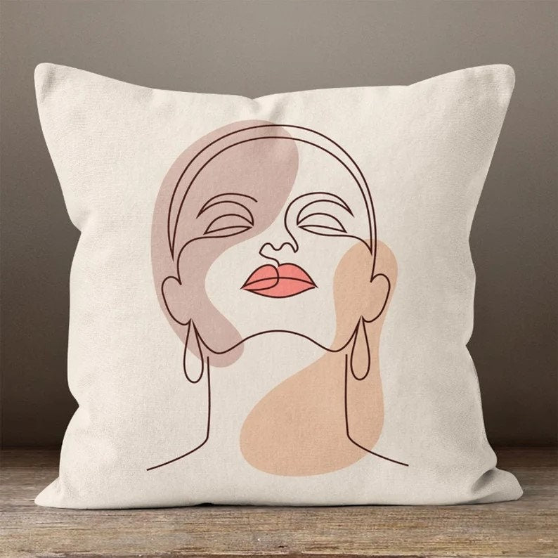 Line Art Face Themed Throw Cushion Cover