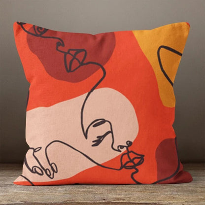 Yellow or Green Minimalist Line Art Faces Cushion Cover